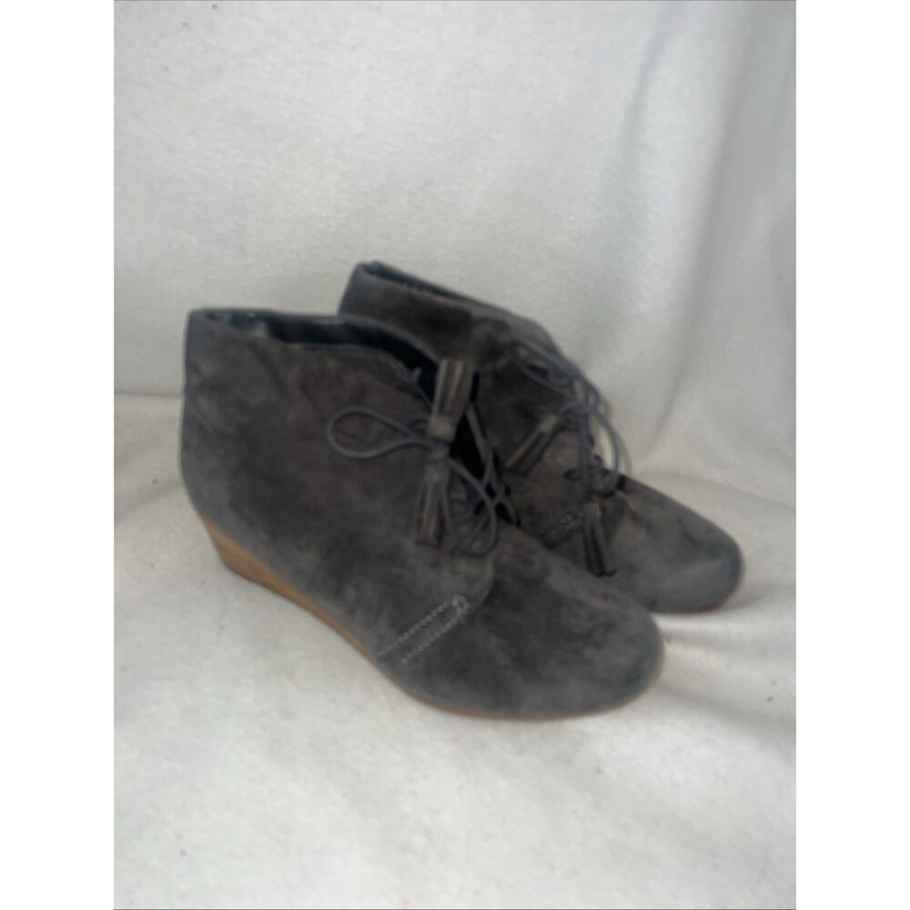 Dr Scholls Dakota Grey suede wedge Bootie Women tassel laces 7.5 Memory